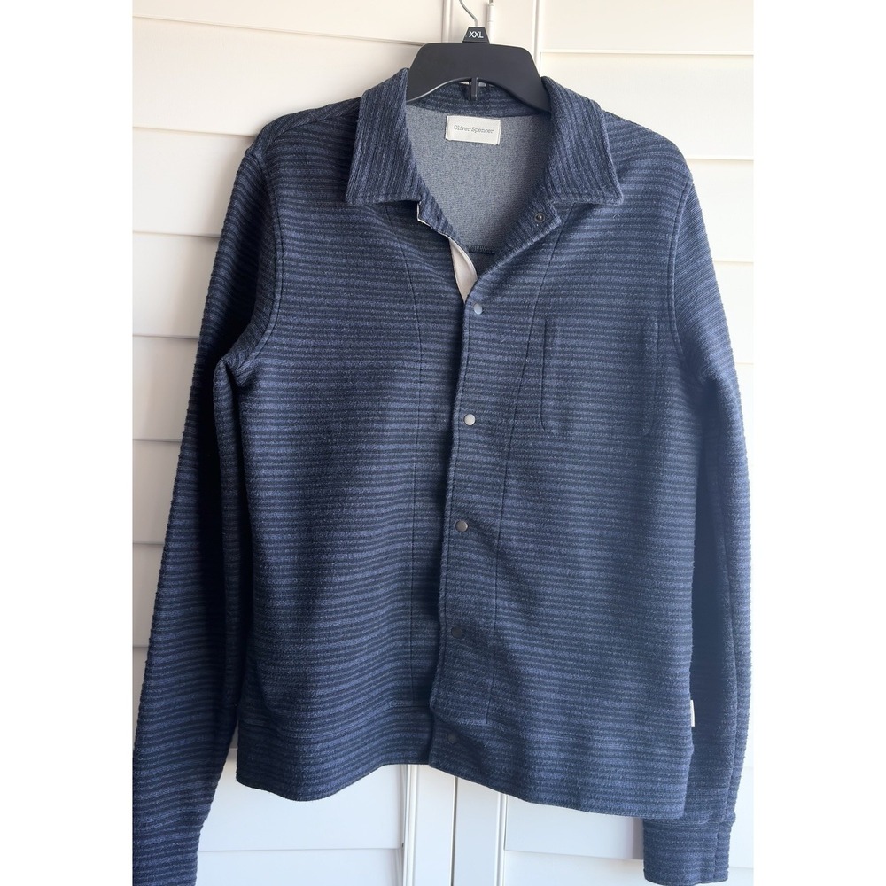 Oliver Spencer Men M Shirt Shacket Navy Strip Cotton Blend Snap Up Jersey